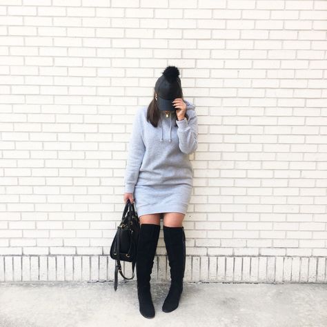 GRAY HOODIE DRESS WITH OTK BOOTS Sweat Shirt Dress Outfit Boots, Sweatshirt Dresses Outfit, Black Hoodie Dress Outfit, Sweatshirt Dress Outfit Winter, Ways To Style A Sweatshirt, Dress Boots Winter, Style A Sweatshirt, Hoodie Dress Outfit, Sweatshirt Dress Outfit