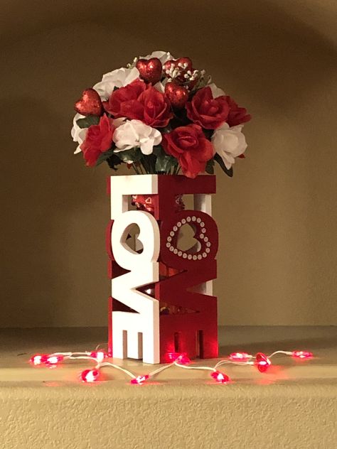 Dollar Store craft. Our version of the DT LOVE sign Dollar Tree Love Sign Diy, Air Fryer Hand Pies, Fudge Rounds, Valentine Wood Crafts, Valentines Idea, Valentine's Dinner, Diy Valentines Day Wreath, Sell Ideas, Valentine Decoration