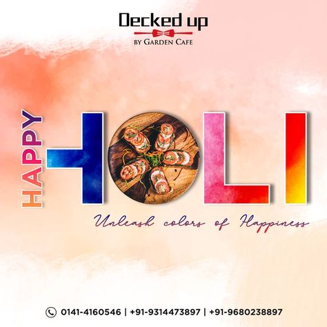 Rejoice in the festive hues of Holi over chef-curated treats at Decked Up by Garden Cafe. Savor traditional delicacies and handcrafted beverages for a colorful afternoon with your friends and family. Wishing everyone a very Happy Holi. . . #gardencafe #deckedup #jaipur #happyholi #happyholi2022 #holi2022 #festivalofcolors #indianfestivals #festivevibes #celebration #colors #specialoccasion #celebrationday #enjoywithfamily Holi Creative, Holi Poster, Holi Wishes, Photoshop Design Ideas, Celebration Day, Garden Cafe, Food Poster Design, Holi Festival, Graphic Design Lessons