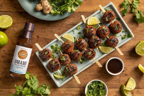 Need a delicious and vegetarian snack or appetizer for your next group gathering? These Vietnamese Plant-Based Meatball Skewers have all the delicious flavors you're looking for while also being completely meat-free. They're especially delicious with a garnish of cilantro and lime! #VeganRecipe #VegetarianRecipe #PartyAppetizer Meatball Skewers Appetizers, Skewers Photography, Asian Skewers, Meatballs Skewers, Meatball Photography, Meat Boards, Asian Bbq Sauce, Meatball Skewers, Veggie Appetizers