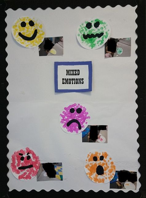 Social/Emotional Activity: Each child will create their own emotion face using bingo dobbers and paper plates. The teacher will assist in drawing the face on. Once the child is finished they will be asked to demonstrate which emotion they created. For example, "I see you made a mad face, show me YOU'RE made face"  "SED27. The older infant expresses of a range of emotions expanding to include more complex emotions." Infant Emotions Art, I Have Feelings Infant Art, Emotions Bulletin Board Preschool, Paper Plate Emotions Faces, I Have Feelings Infant Activities, I Have Feelings Infant Theme, Feelings Art For Toddlers, I Have Feelings Toddler Activities, Feeling Crafts For Toddlers