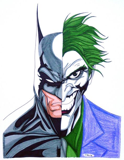 Batman/The Joker Joker Face Drawing, Joker Drawing Easy, Half Face Drawing, Joker Sketch, Joker Cartoon, Joker Drawings, Batman Vs Joker, Batman Drawing, Joker Face