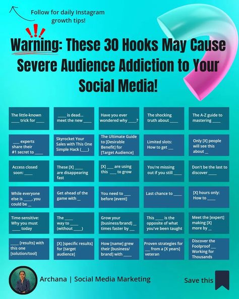 🚫STOP: 30 Gripping Hooks to Create Audience Obsession! Coming up with fresh, engaging social media content that genuinely captures your audience's attention is an ongoing challenge.However, this valuable resource can be a game-changer for you. I've listed 30 of the most powerful and compelling hooks designed to instantly grab your audience's interest and leave them craving more of your content. These hooks leverage various psychological principles such as curiosity, scarcity, social proof,... Social Media Hooks, Instagram Planning, Social Media Marketing Plan, Social Proof, Instagram Growth, Article Writing, Ads Creative, Media Content, Simple Tricks