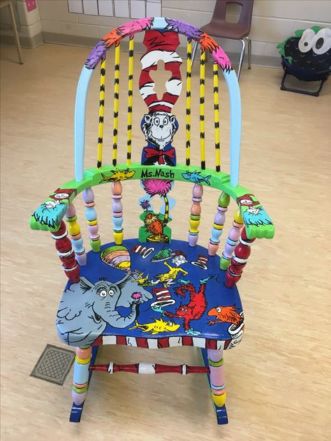 Teacher Rocking Chair Painted, Classroom Rocking Chair, Dr Seuss Chairs, Teacher Rocking Chair, Painted Classroom, Teacher Rocking Chairs, Teacher Chair, Dr Seuss Teacher, Teacher Chairs