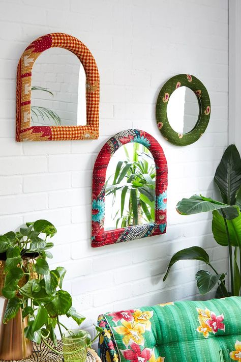 Create boho vibes within your space with this wall-mounted mirror. Circular structure crafted from an MDF construction with padded foam and a Kantha upholstered frame and glass mirror to centre. Mixing Modern And Antique Furniture, Mirrors Urban Outfitters, Arched Wall Mirror, Arched Wall, Clean Crafts, Upholstered Walls, Arch Mirror, Modern And Antique, Mirror Frame