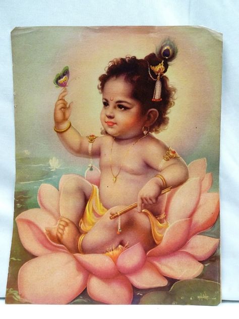 Old Lord Bal Krishna Sitting on Lotus Flower Vintage Lithograph Print Genuine Krishna Sitting, Krishna Baby, Bal Gopal, Krishna Statue, Little Krishna, Baby Krishna, Radha Krishna Wallpaper, Lord Krishna Wallpapers, Shri Krishna