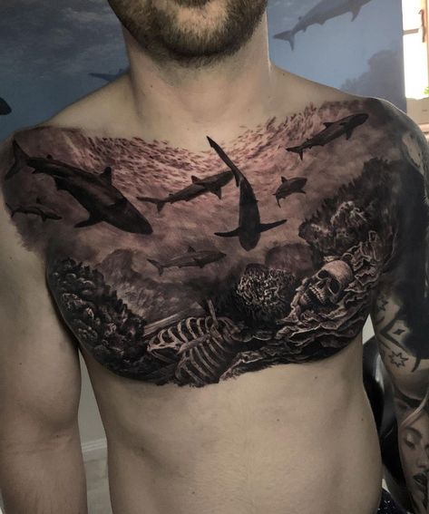 Sharks chest tattoo by Dylan Weber, an artist at Atlnts Studio in Sydney, Australia. Underwater Theme Tattoo, Ocean Chest Tattoo, Shark Chest Tattoo, Ocean Back Tattoo, Sea Animals Tattoo, Nautical Sleeve, Sea Life Tattoos, Underwater Tattoo, Ocean Sleeve