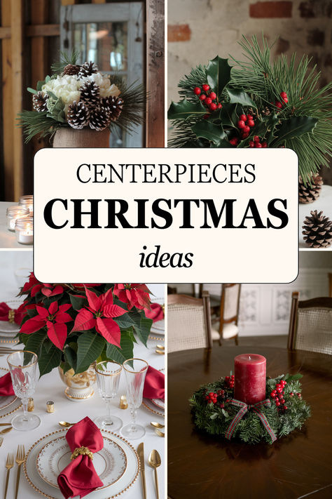 Elevate your holiday table with these 18 stunning Christmas centerpiece ideas! Perfect for cozy family dinners or formal gatherings. #ChristmasCenterpieces #ChristmasCenterpieceIdeas #ChristmasDiningTableDecor Christmas Table Floral Arrangements, Christmas Dinner Centerpieces For Table, Company Christmas Party Centerpieces, Nativity Centerpieces Christmas Tables, Christmas Wreath Centerpieces For Table, Christmas Dining Table Centerpiece Ideas, Santa Centerpiece Ideas, Poinsettia Centerpiece Table Decorations, Easy Christmas Centerpieces For Table