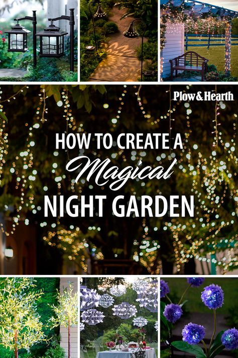 From simple string lights to solar solutions and special plants that look great in low light, you’ll soon have an enchanting, illuminated nighttime landscape you’ll love! Glow Garden Ideas, Night Garden Lights, Enchanting Backyard Ideas, Night Garden Ideas, Mystical Yard Ideas, Easy Full Sun Landscape Ideas, Wiccan Garden Ideas, Fairy Garden At Night, Small Secret Garden Ideas Diy Projects