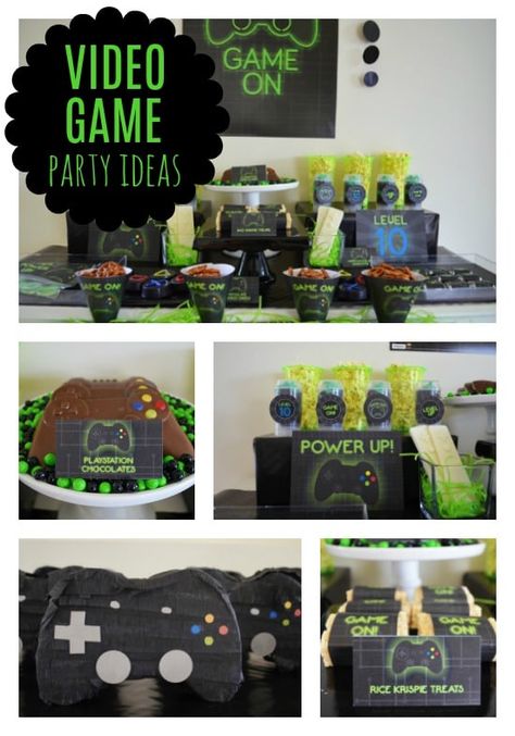 Super Cool Gamer Birthday Party - Pretty My Party #gamerbirthdayparty Gamer Bday Party Ideas, Gamer Party Food, Retro Gaming Birthday Party, Gamer Sleepover Party, Video Game Sleepover Party, Gamer Themed Birthday Games, Video Game Party Food, Gamers Party Ideas, Birthday Party Design