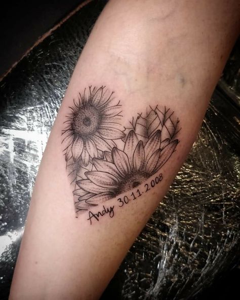 Sunflower With Angel Wings Tattoo, Sunflower Fingerprint Tattoo, Dad Daughter Tattoo Ideas, Sunflower Heart Tattoo, Grandmother Memorial Tattoo, Sunflower Memorial Tattoo, Grandmother Tattoo Ideas, Grandmother Tattoo, Wrist Tatoo