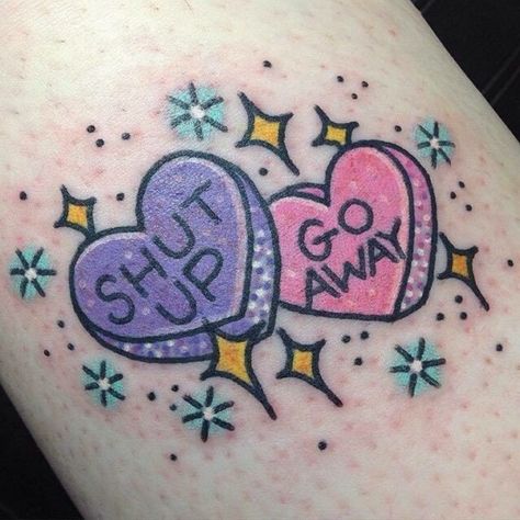 Tattoo uploaded by Katie | Candy Heart tattoos #Tumblr #Hearts #candy | 85318 | Tattoodo Candy Heart Tattoo, Alive Tattoo, Design Tatuaje, Candy Tattoo, Kawaii Tattoo, Spooky Tattoos, Halloween Tattoo, Girly Tattoos, Halloween Tattoos