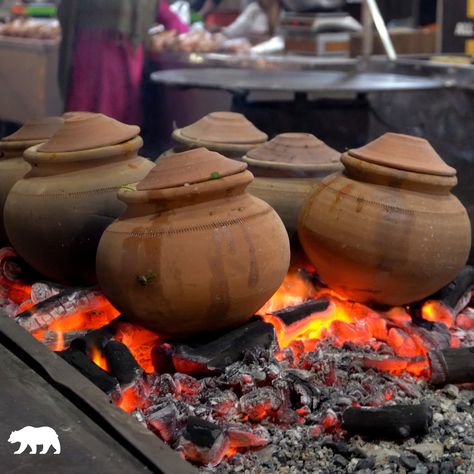 Chicken biryani cooked in traditional clay pot on coal fire. Biryani Restaurant Interior, Matka Biryani, Clay Pot Cooking, Clay Cooking Pots, Earthen Pots, Clay Cooking Pot, Monster Slayer, Golden Rice, Dubai Design