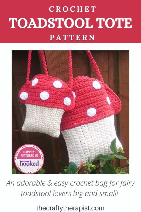 Crochet Toadstool, Crochet Mushrooms, Fairy Toadstool, Easy Crochet Bag, Mushroom Bag, Autumn Crochet, Tote Crochet, Crocheted Bags, Fall Crochet