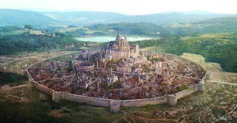 Walled city and castle Anime Original City Castle Wallpaper Fantasy Places City, Fantasy Kingdom Cities, بيوت ملكية, Fantasy Town, Fantasy Background, Desain Lanskap, التصميم الخارجي للمنزل, Gambar Figur, Fantasy City