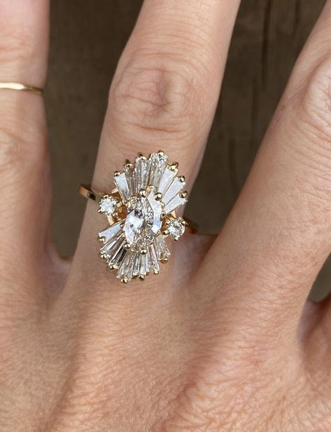 Marquis And Baguette Ring, 1920 Rings Vintage, Vintage Wedding Rings Square, Vintage Baguette Engagement Ring, Ballerina Style Engagement Ring, Large Antique Engagement Rings, Marquise Art Deco Engagement Ring, Unique Cluster Engagement Rings, Art Deco Marquise Ring