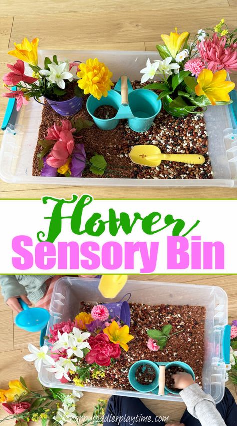 Flower Sensory Bin - Happy Toddler Playtime Flower Garden Sensory Bin, Mother’s Day Sensory Bins, Flower Sensory Bin For Toddlers, Flower Shop Activities Preschool, Flowers Sensory Play, Encanto Sensory Bin, Fairy Garden Sensory Bin, Fairy Sensory Bin, Grass Sensory Bin