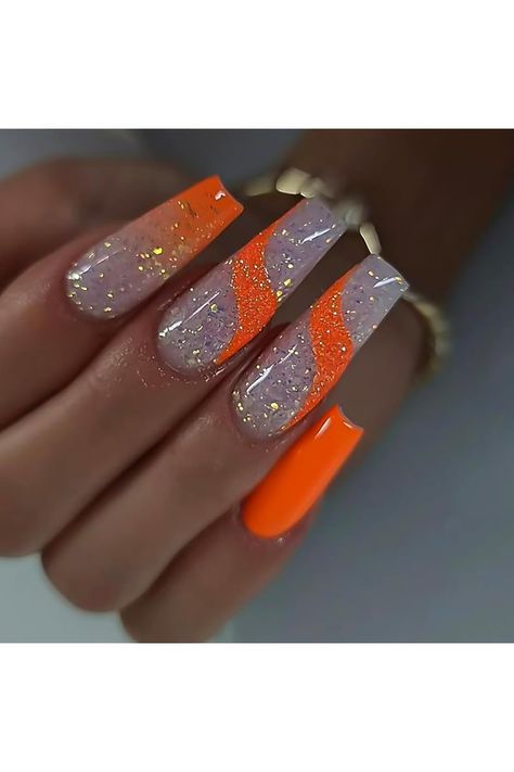 Long Press on Nails Orange Ombre Ballet French Fake Nails Acrylic False Nails with Glitter Designs Glue on Nails Full Cover Glossy Artificial Nails Summer Stick on Nails for Women DIY 24Pcs Ongles Bling Bling, Orange And Silver, Nails Orange, Ballet Nails, Nagellack Trends, Ombre Acrylic Nails, Coffin Press On Nails, Nails Glitter, Vacation Nails