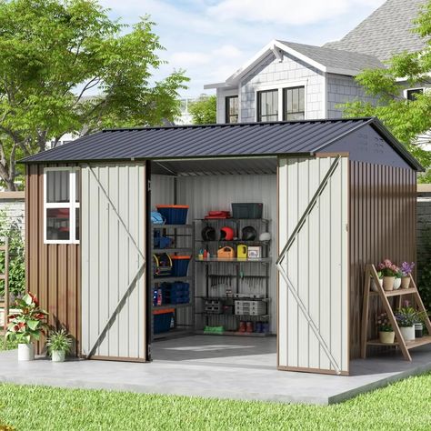 10x10 FT Outdoor Storage Shed, Large Metal Tool Sheds with Updated Frame Structure and Lockable Contemporary Sheds, Backyard Garden Patio, Doors Garden, Backyard Storage Sheds, Outdoor Storage Shed, Outdoor Structure, Metal Storage Sheds, Backyard Storage, Concrete Pad