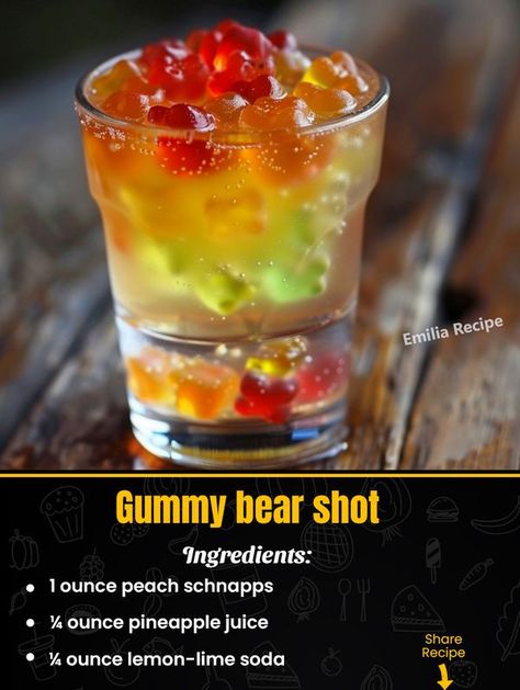 Emilia Recipe  - Gummy bear shot  Ingredients :  1 ounce... Gummy Bear Cocktail, Fruity Vodka Drinks, Gummy Bear Shots, Liquor Ideas, Gummy Bear Recipe, Tailgate Drinks, Fruity Alcohol Drinks, Bartender Drinks Recipes, February Quotes