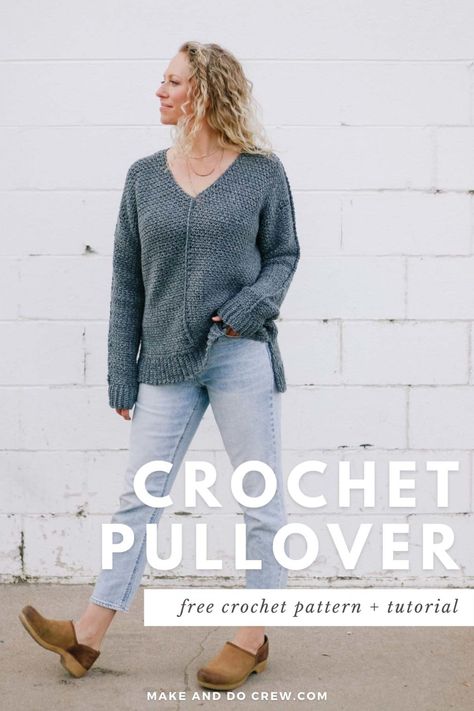 Knitted Pullover Pattern, 4 Weight Yarn Crochet Patterns Free, Crochet Top Down Sweater Free Pattern, Crochet Pullover Pattern Free, Pullover Sweaters Pattern, Crochet Pullover Pattern, Crochet Sweater Free, Make And Do Crew, Pull Mohair