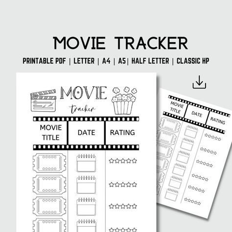 Movie Tracker Bullet Journal, Movie Tracker Template, Bullet Journal Films, Movie Watch List, Movie Planner, Bullet Journal September, Movie Tracker, Fitness Tracker Printable, Movie Journal