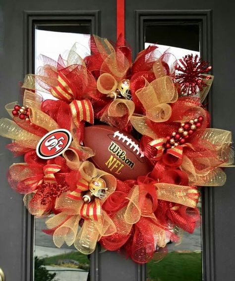 49er Wreath 49ers Crafts, 49ers Wreath, Nfl Wreaths, Mesh Christmas Wreaths, Football Wreaths, Sports Wreath, Ribbon Wreaths, Football Crafts, Football Decor