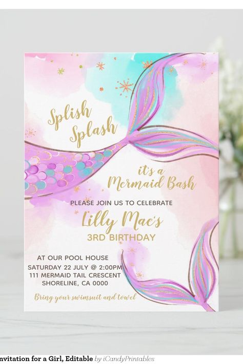 Mermaid Birthday Invitation for a Girl, Editable Little Mermaid 5th Birthday Party Ideas, Mermaid 1st Birthday Party, Mermaid Birthday Party Invitations, Ariel Birthday Party, Ariel Birthday, 5th Birthday Party Ideas, Mermaid Birthday Invitations, Mermaid Birthday Party, Birthday Invitations Kids