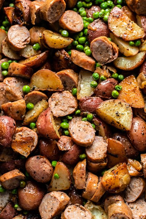 Sheet pan sausage with potatoes and peas. Sausage Recipes Potatoes, Sheet Pan Sausage And Potatoes, Roasted Sausage, Sheet Pan Sausage, Pan Sausage, Potatoes And Peas, Sausage And Potatoes, Smoked Sausage Recipes, Sausage Dishes