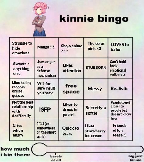 temp credz: @strawberryxoxo Natsuki Kinnie, Personality Chart, Ooga Booga, Kinnie Bingo, Bingo Night, Bingo Sheets, Bingo Template, Shojo Anime, Writing Fantasy