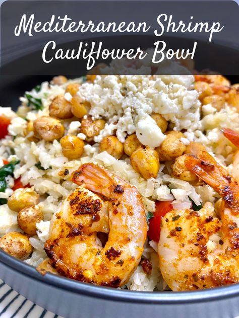 Low Carb Shrimp Bowl, Mediterranean Diet Cauliflower Recipes, Mediterranean Shrimp Dishes, Mediterranean Diet Christmas Recipes, Airfryer Mediterranean Recipes, Mediterranean Cauliflower Recipes, Low Cholesterol Shrimp Recipes, Pescatarian Mediterranean Diet, Shrimp Mediterranean Recipes