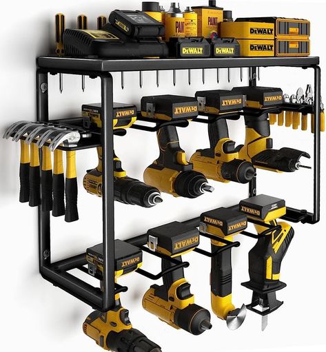 8 Drill Holders Wall Mount, 3 Layer Heavy Duty Metal Storage for Garage Organization, Tools Shelves with Screwdriver Holder/Plier Holder/Hammer Holder, Gifts for Him Men Storage For Garage, Hammer Holder, Power Tool Organizer, Garage Storage Racks, Power Tool Storage, Drill Holder, Garage Storage Shelves, Utility Shelves, Tool Room