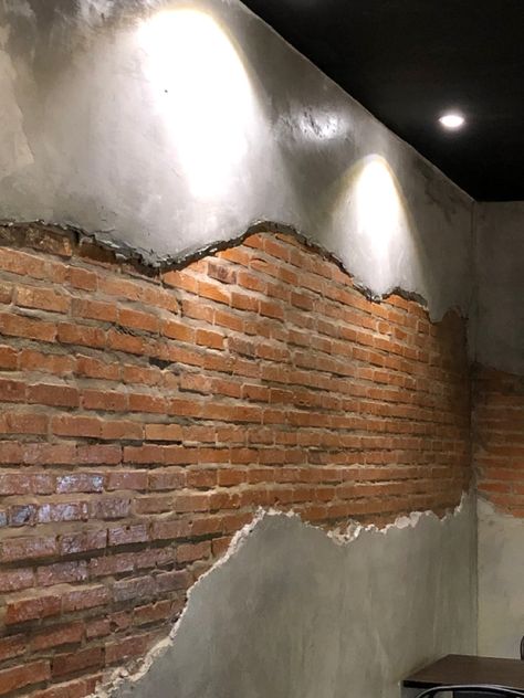 Brick Wall Restaurant Interiors, Exposed Brick Walls Cafe, Pub Interior Ideas Rustic Industrial, Industrial Wall Ideas, Brick Lobby Interior Design, Brick Industrial Interior, Partially Exposed Brick Wall, Brick Wall Bar, Brick Wall Interior