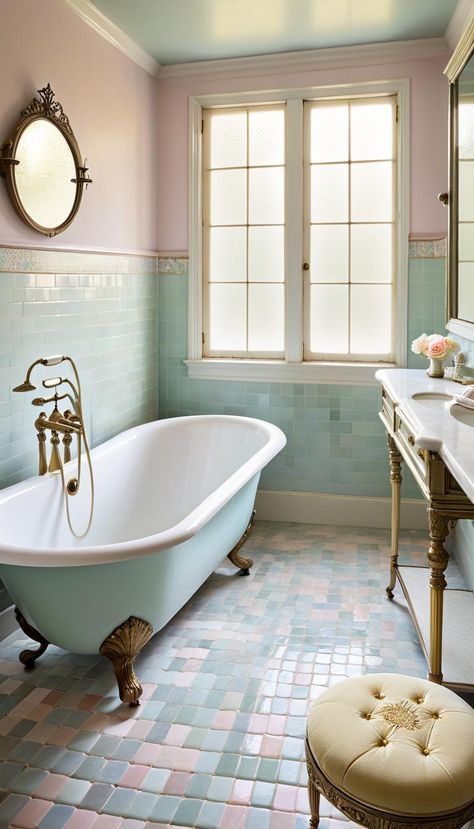 28 Charming Vintage Bathroom Decor Ideas Light Blue Vintage Bathroom, Bathroom 1930s Style, Blue Vintage Bathroom, Vintage Bathroom Decor Ideas, Vintage Tile Bathroom, Bathroom Moodboard, 1950s Bathroom, Vintage Bathroom Ideas, Second Bathroom