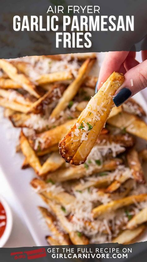 We're crushing on these garlic parmesan fries. The secret to perfect French fries that are golden brown and have an epic crispy texture? Use your air fryer! We're showing you jus how easy this recipe is. French Fries In Air Fryer, Parmesan French Fries, Fries In The Air Fryer, Crunchy Garlic, Perfect French Fries, Duck Fat Fries, Garlic Parmesan Fries, Air Fryer Garlic, Parmesan Fries