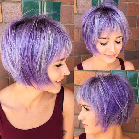 Bob With Fringe Bangs, Purple Pixie Cut, Short Purple Hair, Bob With Fringe, Hair Color Unique, Shaggy Bob, Lilac Hair, Hair Color Purple, Pixie Haircuts