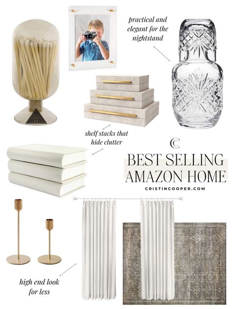 Best Selling of Amazon Home match cloche // acrylic floating frame // leather decorative boxes // glass carafe and cup // faux book stack // gold candlesticks // pinch pleat drapes // area rug For more home decor finds head to cristincooper.com Match Cloche Decor, Match Cloche, Faux Book Stack, Pinch Pleat Drapes, Gold Candlesticks, Cloche Decor, Pinch Pleat Drape, Home Decor Finds, Gold Candle Sticks