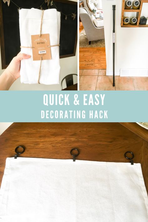 A simple tutorial that demonstrates how to use cloth napkins and a tension rod to create practical cafe curtains for the window over your kitchen sink. This is a hack that's easy, quick, and inexpensive to pull off. #decor #decorating #diy #craft #hack #idea #inspiration #dollarstore #easy #simple #quick #cheap #inexpensive #solution #house #home #kitchen Diy Kitchen Curtains Above Sink No Sew, Kitchen Curtains Above Sink Farmhouse, Kitchen Curtains Above Sink Modern, Kitchen Cafe Curtains Above Sink, Kitchen Sink Curtain Ideas, Kitchen Window Treatments Over Sink Diy, Diy Kitchen Curtains Above Sink, Kitchen Blinds Ideas Above Sink, Kitchen Window Treatments Over Sink