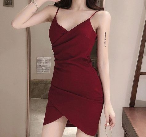 Maine Draped V-Neck Spaghetti Strap Bodycon Mini Dress | YesStyle Bodycon Dress Outfit Party, Dress Outfits Party, Body Con Dress Outfit, Tight Dress Outfit, Mini Bodycon Dress, Pakaian Feminin, Korean Fashion Dress, Red Dress Outfit, Korean Girl Fashion