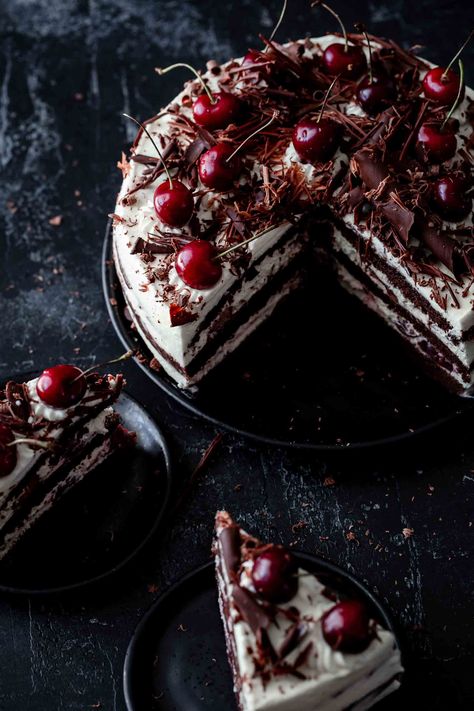 Black Forest Cake is one rich and decadent cake. Homemade cake, sour cherry filling, and topped with whipped cream. Forest cake of anyone's dreams. #blackforest #cake #whippedcream #sourcherry #filling #authentic #best #recipe #dessert German Black Forest Cake, Galette Des Rois Recipe, Black Forest Cake Recipe, Cake Homemade, Cherry Filling, Torte Cupcake, Black Forest Cake, Cherry Cake, Homemade Cake