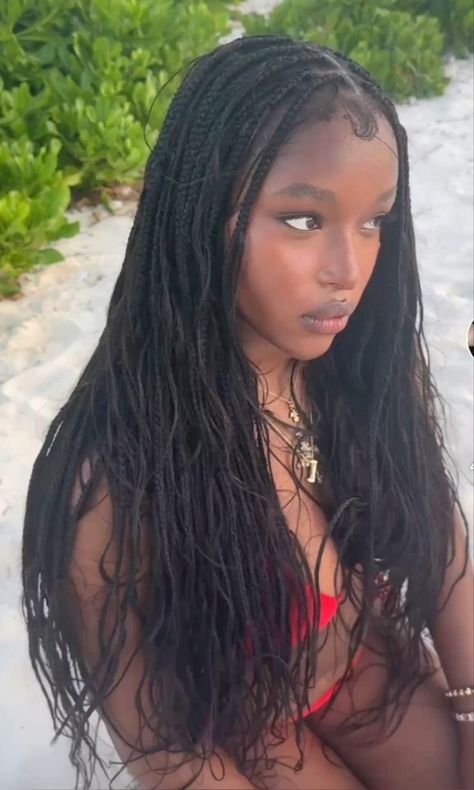 Braids Idea For Black Women, Box Braids With Straight Hair, Fun Box Braids Hairstyles, Gothic Box Braids, Cute Box Braids Styles, French Curl Braids With Beads, French Curl Bohemian Braids, Box Braids With Charms, Alternative Braids Black Women