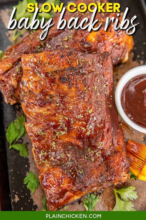 Slow Cooker Baby Back Ribs - a foolproof recipe for baby back ribs. These are THE BEST ribs I've ever eaten! PLUS they are super easy to make! Simply coat baby back ribs in a homemade BBQ rub and slow cook in the crockpot. Finish them with some BBQ sauce under the broiler. Baby back ribs, brown sugar, smoked paprika, kosher salt, black pepper, cayenne pepper, onion powder, garlic powder, and BBQ sauce. These are better than any restaurant! #slowcooker #crockpot #ribs #bbq Homemade Bbq Rub, Slow Cooker Baby Back Ribs, Babyback Ribs Recipe, Plain Chicken Recipe, The Best Ribs, Slow Cooker Ribs Recipe, Recipe For Baby, Best Ribs, Crockpot Ribs