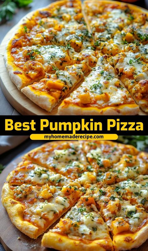 This Savory Pumpkin Pizza is a delicious fall twist on classic pizza! With a creamy pumpkin base, rich cheese, and fresh toppings, it’s a flavorful and unique dish that will make any pizza lover happy Pumpkin Gouda Pizza, Pumpkin Pizza Sauce, Fall Pizza Ideas, Pumpkin Flatbread, Fall Pizza Recipes, October Dinner, Thanksgiving Pizza, Fresh Pumpkin Recipes, Fall Pizza