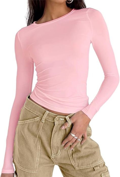 Amazon.com: ForeFair Women Long Sleeve T Shirt Y2K Basic Going Out Tops Slim Fit Casual Crew Neck Crop Top Tight Tee Shirts(S,Pink) : Clothing, Shoes & Jewelry Going Out Crop Tops, Basic Crop Tops, Basic Long Sleeve Shirt, Top In Pizzo, Shirts Streetwear, Slim Fit Crop Top, Cropped Tops, Going Out Tops, Basic Long Sleeve