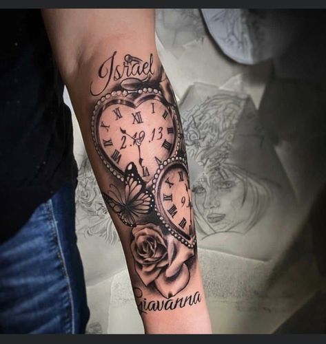 Forearm Memorial Tattoos Women, Clock Tattoo Design Women Leg, Clock With Angel Wings Tattoo, Thigh Tattoos For Moms With Kids, In Loving Memory Clock Tattoos, Tattoos With Clocks For Women, Mom Tattoos Sleeve, Clock Tattoo Design Women Arm, Half Sleeve Tattoos For Moms With Kids