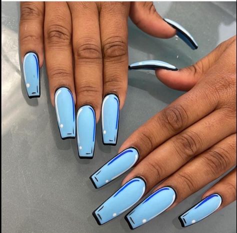 Blue Cartoon Nails, Ombré Blue Nails, Trending Blue Nails, Comic Nail Art, Comic Nails, Comic Book Nails, Book Nail Art, Book Nails, Grad Nails