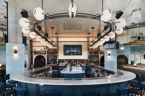 BRG | private events Oval Bar Design, Horseshoe Bar, U Shaped Bar, Group Dinner, Bar Ceiling, Chicago Bars, Shop Image, Bar Ceilings, Commercial Bar