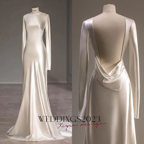 Silk Gown Wedding Dress, Long Sleeve Backless Wedding Dress Simple, Wedding Dress Open Back Long Sleeve, Smooth Wedding Dress, Low Back Wedding Dress With Sleeves, Silk Fitted Wedding Dress, Silk Draped Wedding Dress, Classy Long Sleeve Wedding Dress, Long Sleeve Open Back Wedding Dress