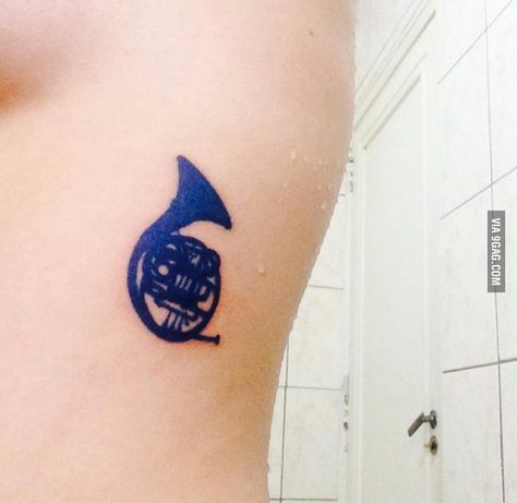 http://9gag.com/gag/aWWg11x?ref=mobile Blue French Horn Tattoo, Horn Tattoo Design, French Horn Tattoo, Himym Tattoo, Horn Tattoo, Supernatural Tattoo, Mother Tattoos, Tattoos Skull, Beautiful Tattoo