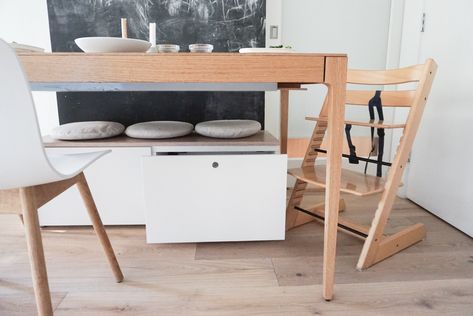 Ikea Hack: Small Storage Bench for our Dining Table — 600sqftandababy Ikea Listerby Console, Ikea Besta Bench Hack, Besta Bench Hack, Small Dining Space Ideas, Ikea Besta Bench, Dining Table Hack, Small Space Dining Room Ideas, Ikea Dining Table Hack, Storage Cabinets Ikea